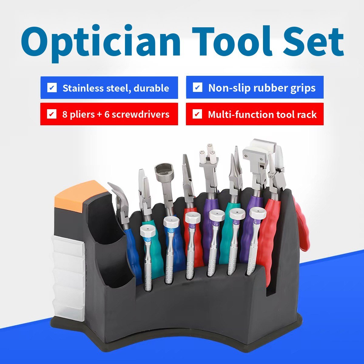 W018 the set: 8 frame-adjusting pliers and 6 screwdrivers, with stainless steel bodies and non-slip rubber grips, in a multi-function tool rack
