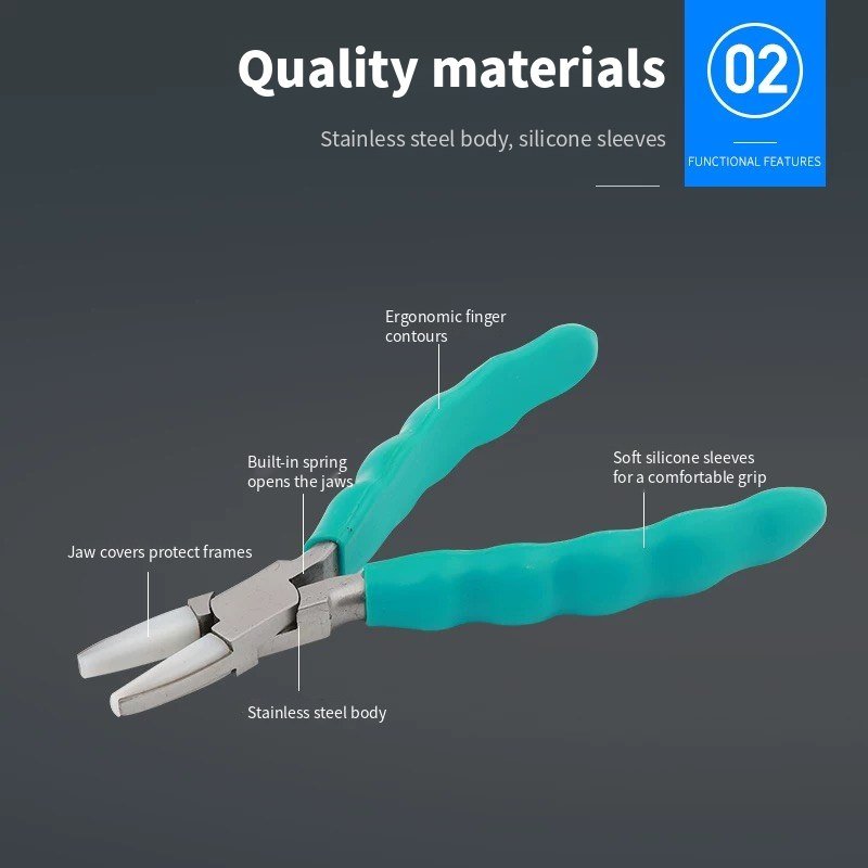 W018 pliers: Stainless steel body with silicone sleeves shaped for the fingers