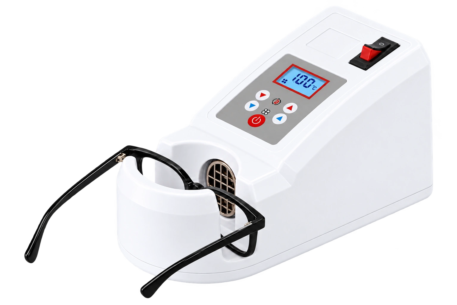 CP-19F digital spectacle frame warmer with a black spectacle frame in the white support cradle and the LCD showing 100 °C