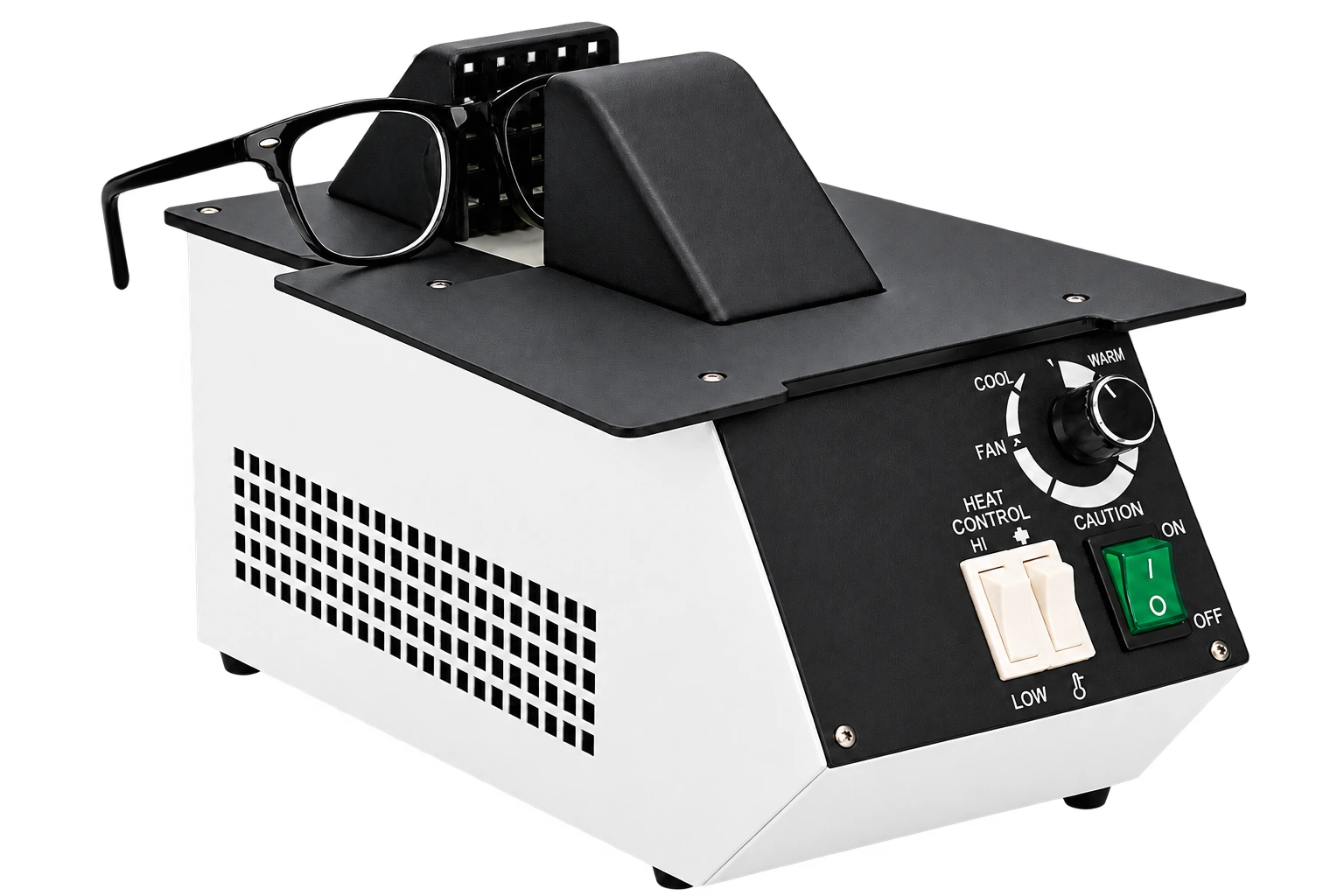 RB-202A spectacle frame heater with black sloping control panel and eyeglasses on its working platform